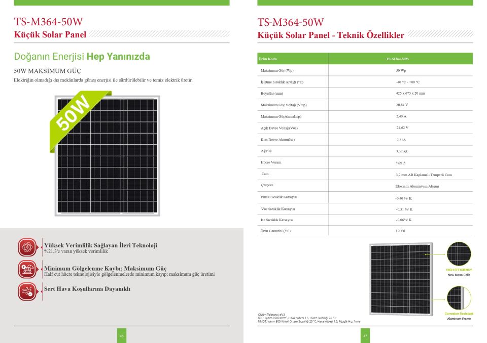 50W 12V Monokristal Güneş Paneli TS-M364-50W