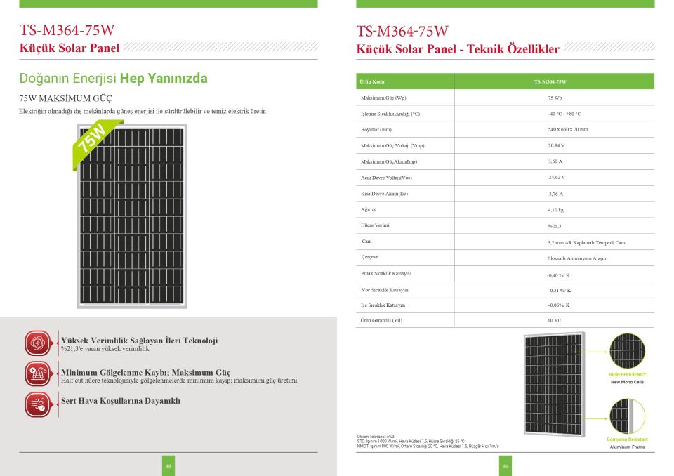 75W 12V Monokristal Güneş Paneli TS-M364-75W
