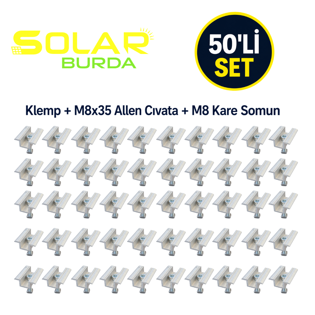 Solarburda Alüminyum Güneş Paneli Orta Tutucu Mid Clamp – 50’li Set