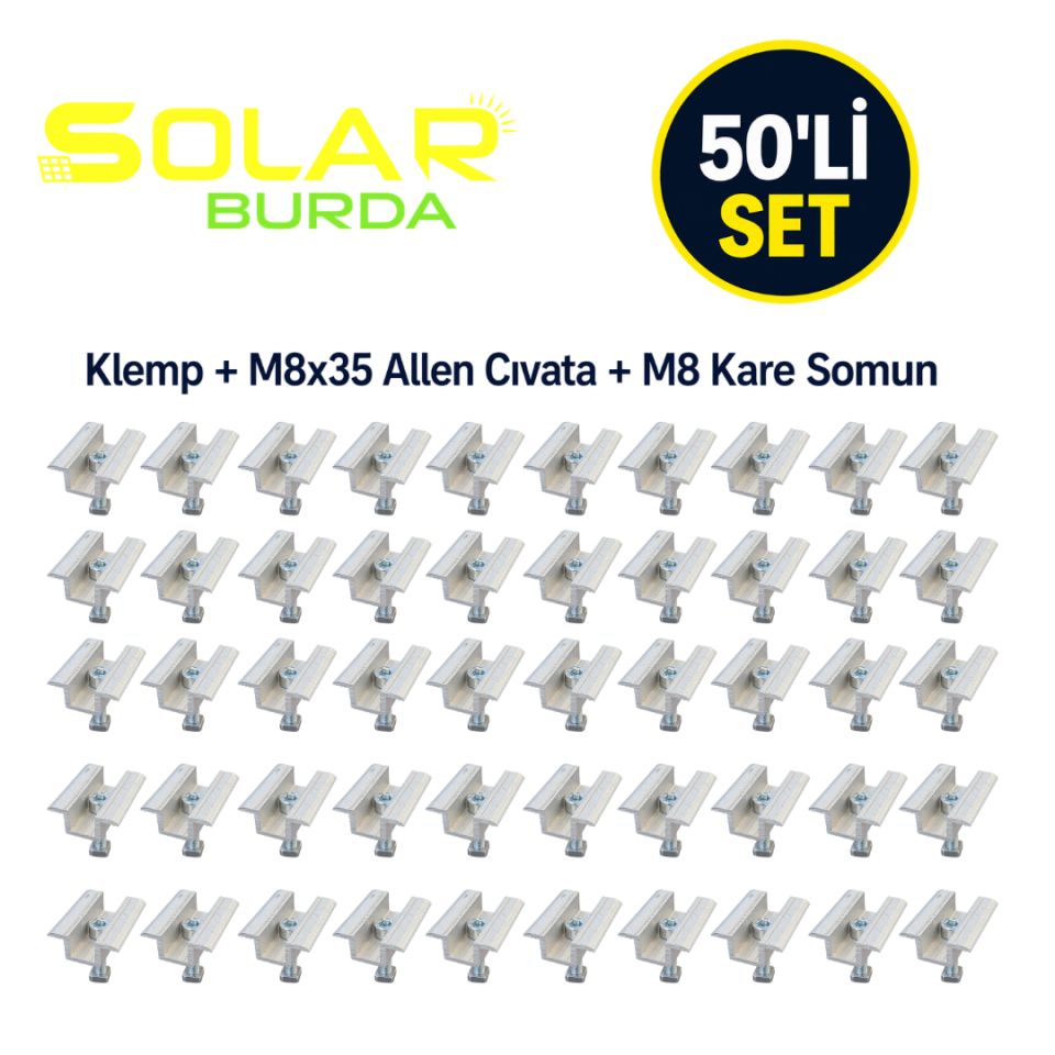 Solarburda Alüminyum Güneş Paneli Orta Tutucu Mid Clamp – 50’li Set